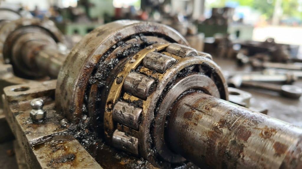 Komponen bearing mesin industri dengan masalah pelumasan tidak lagi optimal dan tanda-tanda keausan dari Djaja Harapan Makmur
