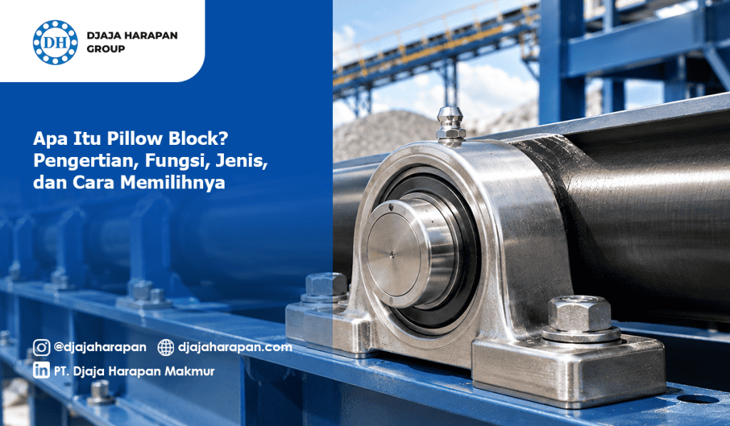 Pillow block bearing terpasang pada mesin industri untuk mendukung poros putar.