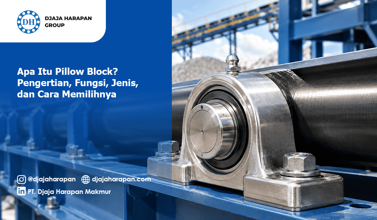 Pillow block bearing terpasang pada mesin industri untuk mendukung poros putar.