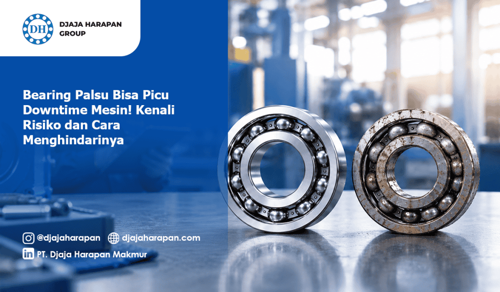 Perbandingan bearing asli dan bearing palsu yang dapat memicu downtime mesin industri oleh Djaja Harapan Group.