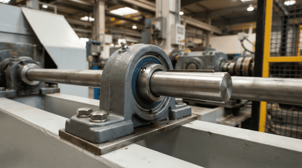 Close-up pillow block bearing atau rumah bantalan yang terpasang pada poros mesin industri.