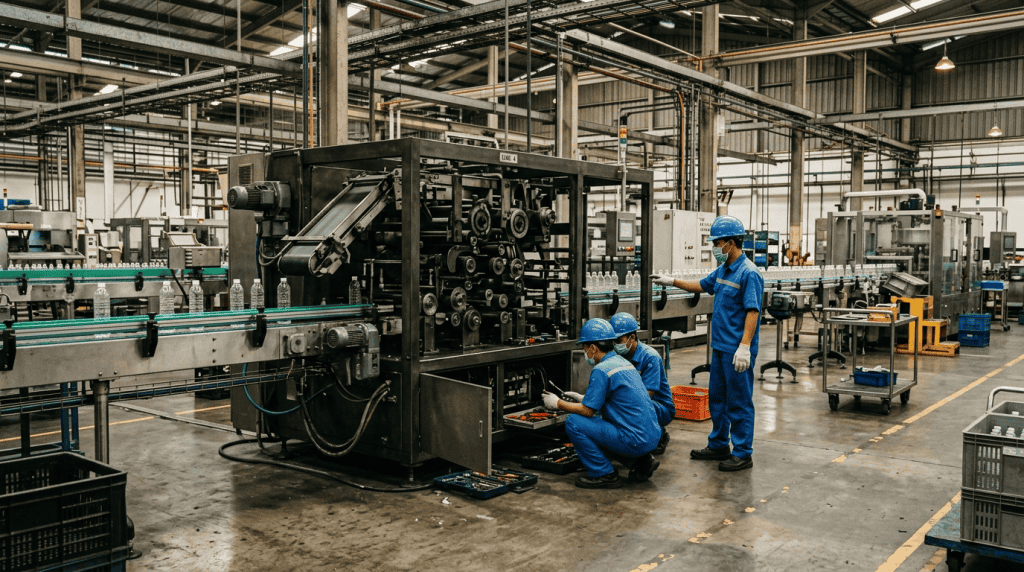 Teknisi pabrik melakukan perbaikan mesin produksi industri untuk mencegah risiko downtime akibat penggunaan bearing palsu.
