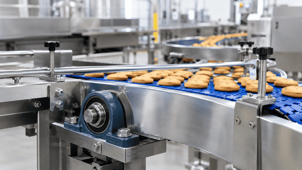 Ilustrasi fungsi bearing pada sistem conveyor lini produksi makanan dalam industri food & beverage.
