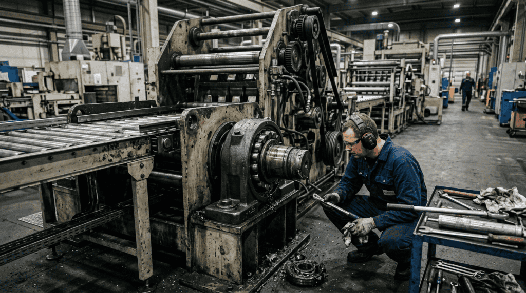 Teknisi memeriksa kerusakan komponen bearing pada mesin berat pabrik industri akibat bahaya penggunaan bearing palsu.