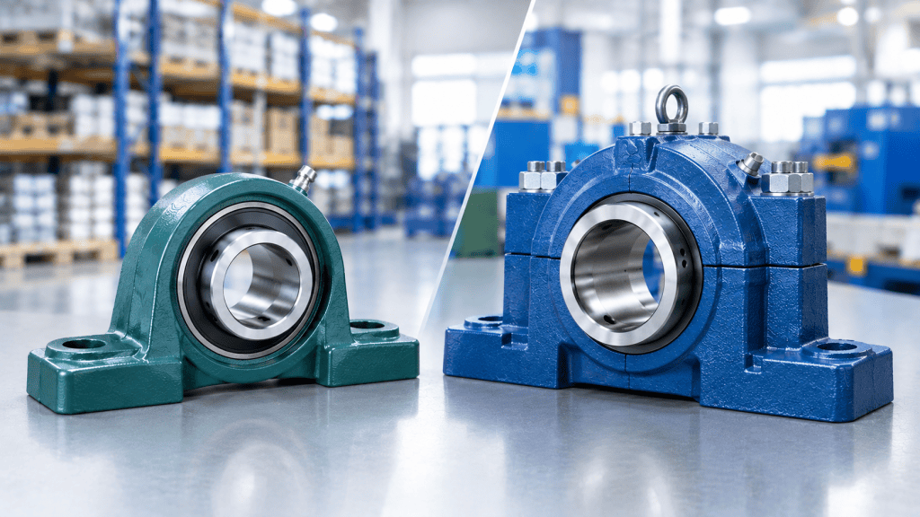 Perbandingan pillow block hijau dan plummer block biru untuk komponen mesin industri