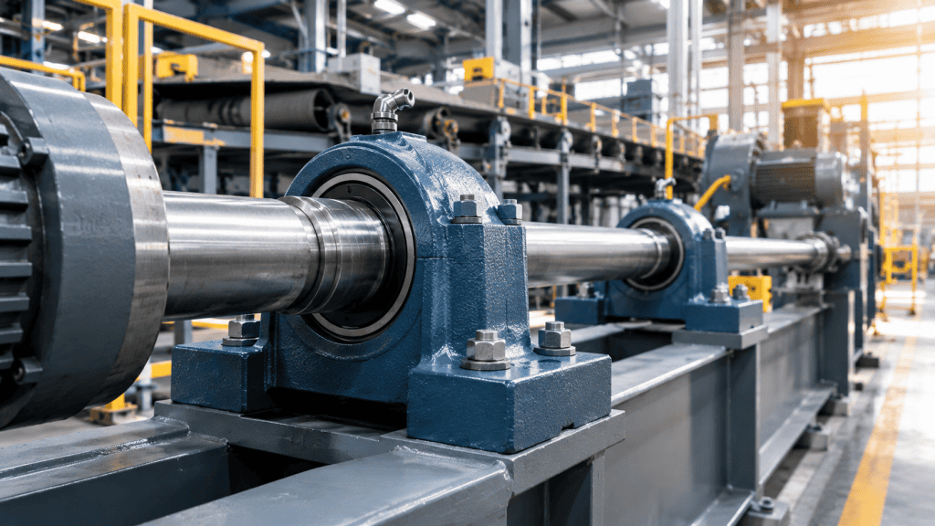 Komponen plummer block housing bearing berwarna biru terpasang pada poros mesin industri pabrik