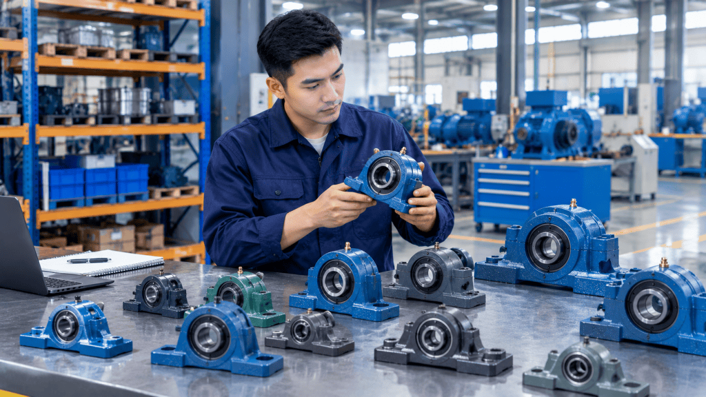 Teknisi industri sedang memeriksa dan memilih tipe plummer block bearing yang tepat di meja kerja pabrik