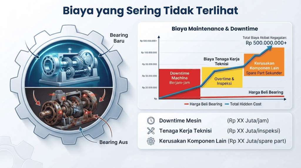 Grafik biaya tersembunyi akibat kerusakan bearing aus yang menyebabkan downtime mesin dan pembengkakan biaya maintenance