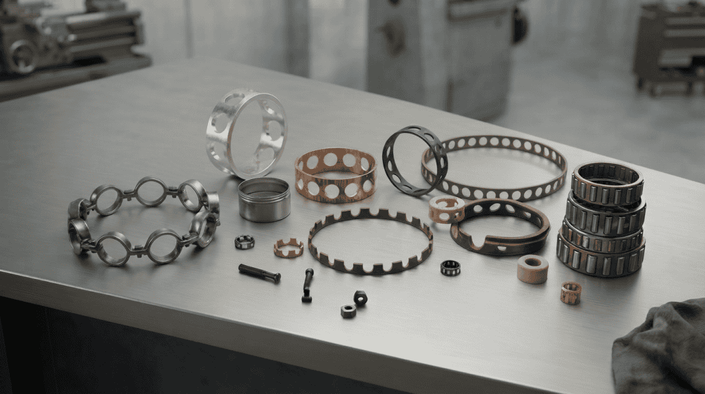 Berbagai jenis cage bearing atau sangkar lahar dari bahan logam dan kuningan yang tersusun rapi di atas meja kerja bengkel industri