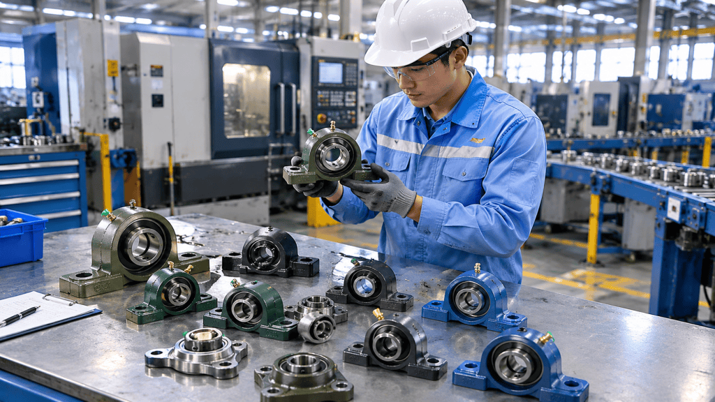 Teknisi pabrik memeriksa berbagai jenis pillow block bearing untuk panduan cara memilih yang tepat.