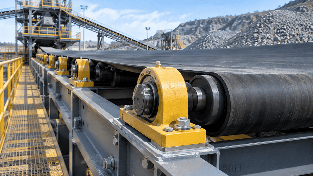 Close-up pillow block bearing kuning yang menopang conveyor roller di pabrik pertambangan.