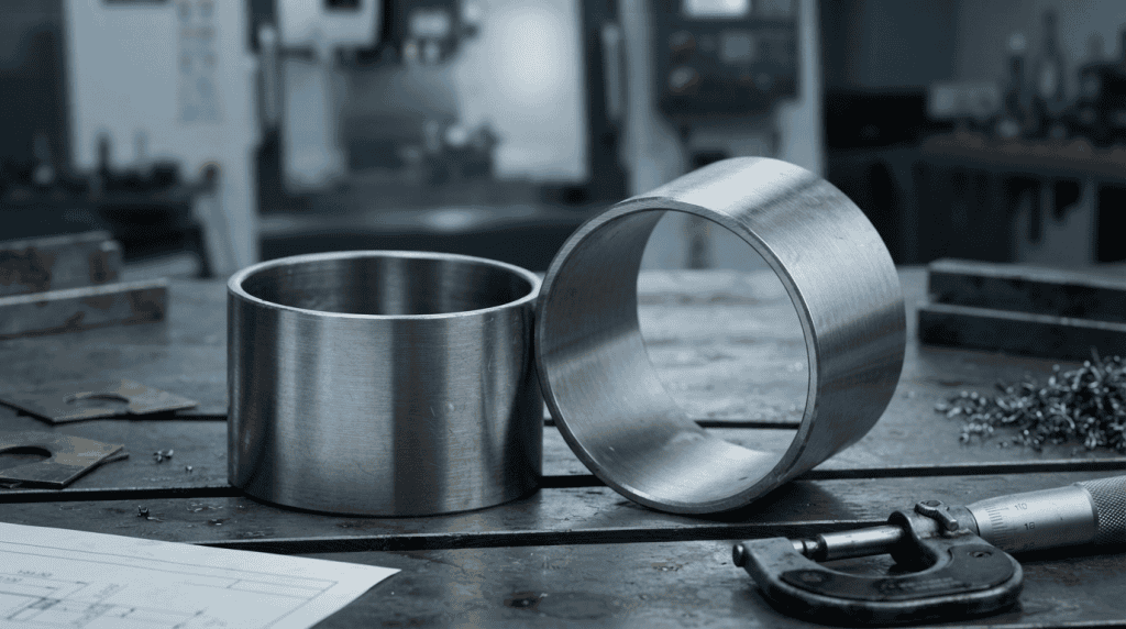 Dua komponen inner ring bearing logam presisi tinggi di atas meja kerja bengkel mesin industri