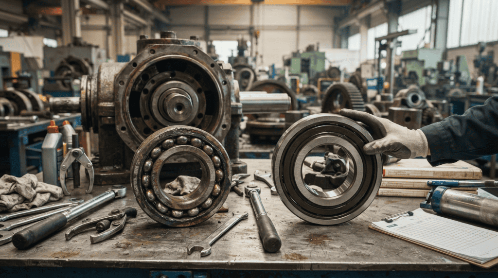 Teknisi membandingkan bearing bekas aus dan bearing industri baru di atas meja kerja bengkel pabrik