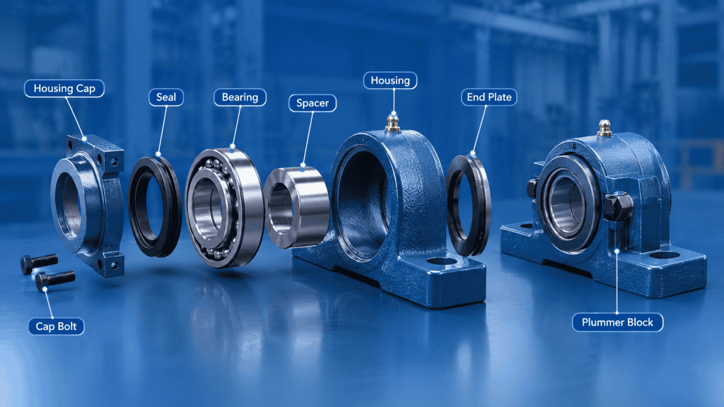 Diagram bagian-bagian komponen pada plummer block housing bearing lengkap dengan label penjelas