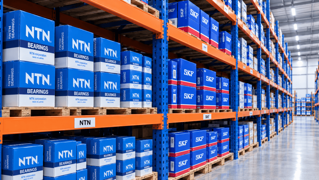 Stok komponen bearing original merek NTN dan SKF yang tersusun rapi di gudang authorized distributor resmi.