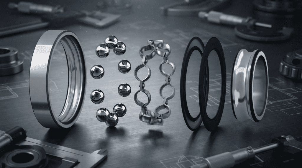 Ilustrasi skema komponen bearing secara terpisah mulai dari ring, bola baja, sangkar, hingga seal untuk memahami fungsi bagian bearing industri