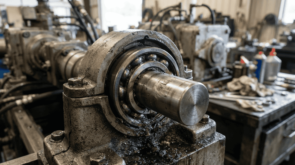 Komponen bearing dan poros mesin industri yang terpasang di bengkel, menggambarkan kelalaian tidak memeriksa bearing setelah pemasangan.
