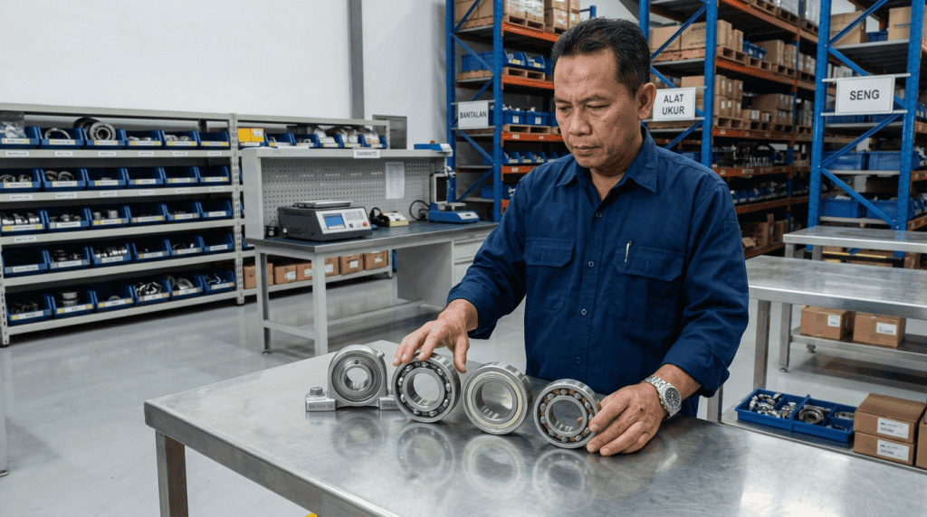 Teknisi memeriksa dan menerapkan tips memilih bearing untuk industri food and beverage.