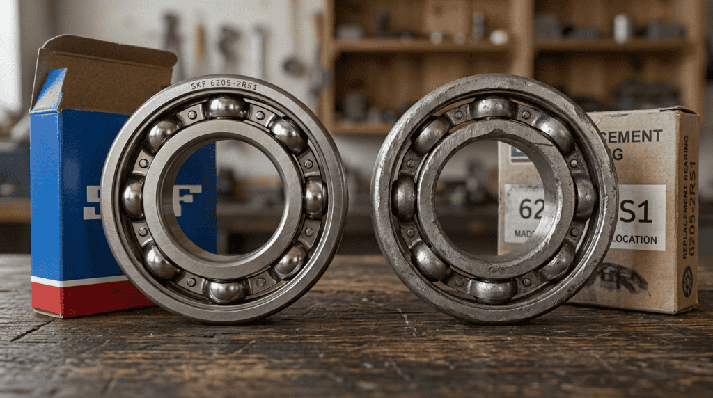 Perbandingan fisik dan kemasan antara bearing asli SKF dengan bearing palsu untuk mengidentifikasi komponen tiruan.