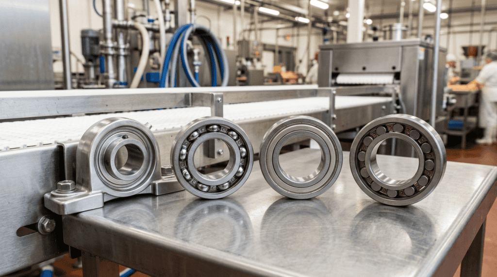 Berbagai jenis bearing yang umum digunakan dalam industri food and beverage.