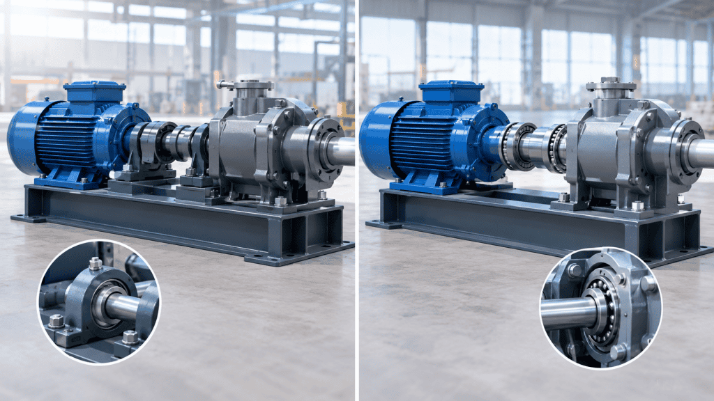 Perbandingan mesin industri yang menggunakan pillow block bearing dengan sistem konvensional.