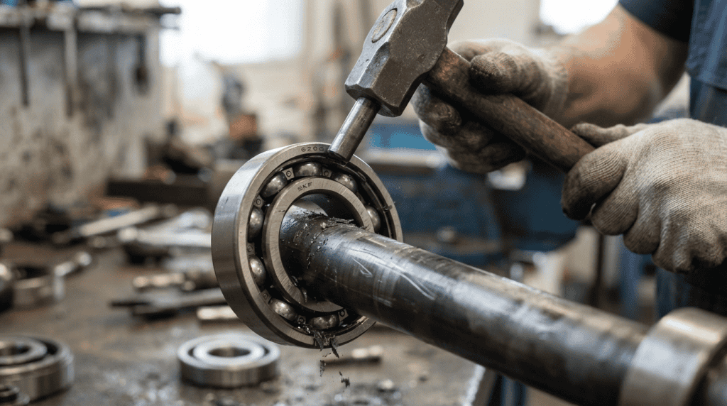 Teknisi bengkel memukul komponen bearing pada poros dengan palu, menggambarkan kesalahan mengabaikan clearance bearing saat pemasangan mesin.