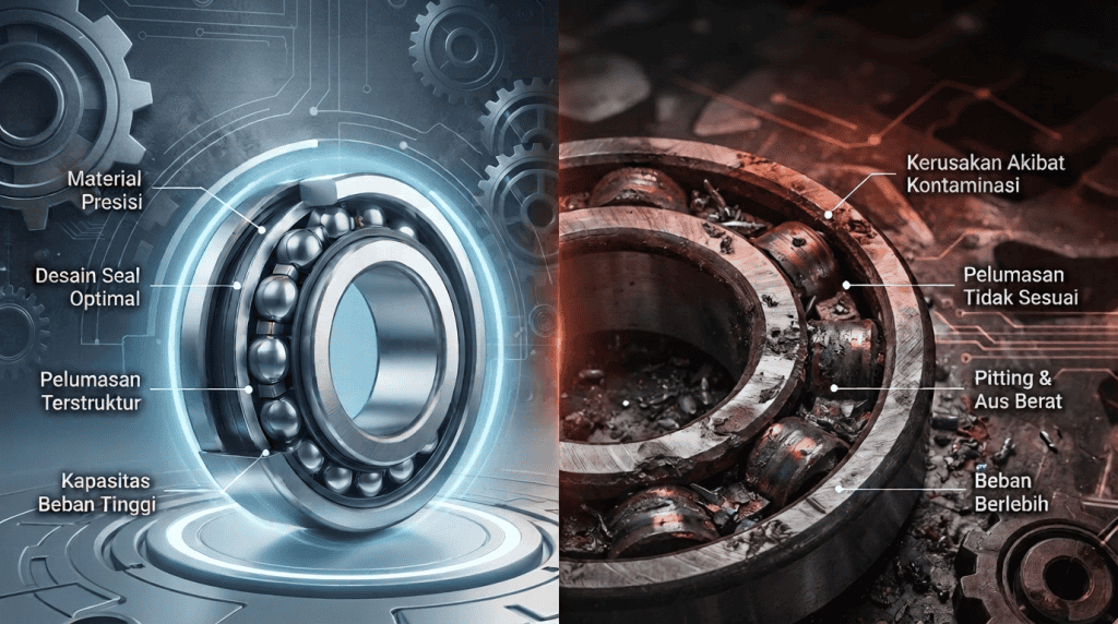 Perbandingan bearing berkualitas presisi tahan lama dengan bearing rusak akibat kontaminasi pitting dan aus berat