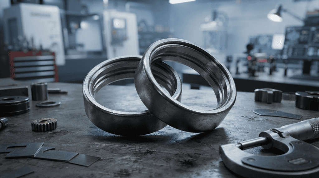 Dua komponen outer ring bearing logam presisi tinggi dengan alur jalur bola di atas meja kerja bengkel permesinan industri