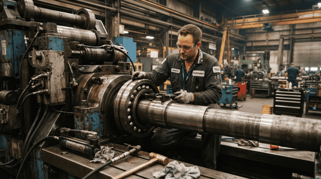 Teknisi profesional melakukan pemasangan komponen bearing pada mesin industri dengan presisi, menunjukkan pentingnya instalasi bearing yang tepat