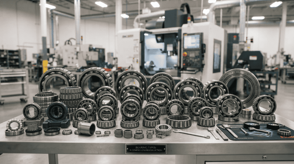 Berbagai jenis dan ukuran bearing industri tertata di atas meja kerja dengan latar belakang mesin pabrik modern untuk panduan memilih bearing sesuai kebutuhan aplikasi