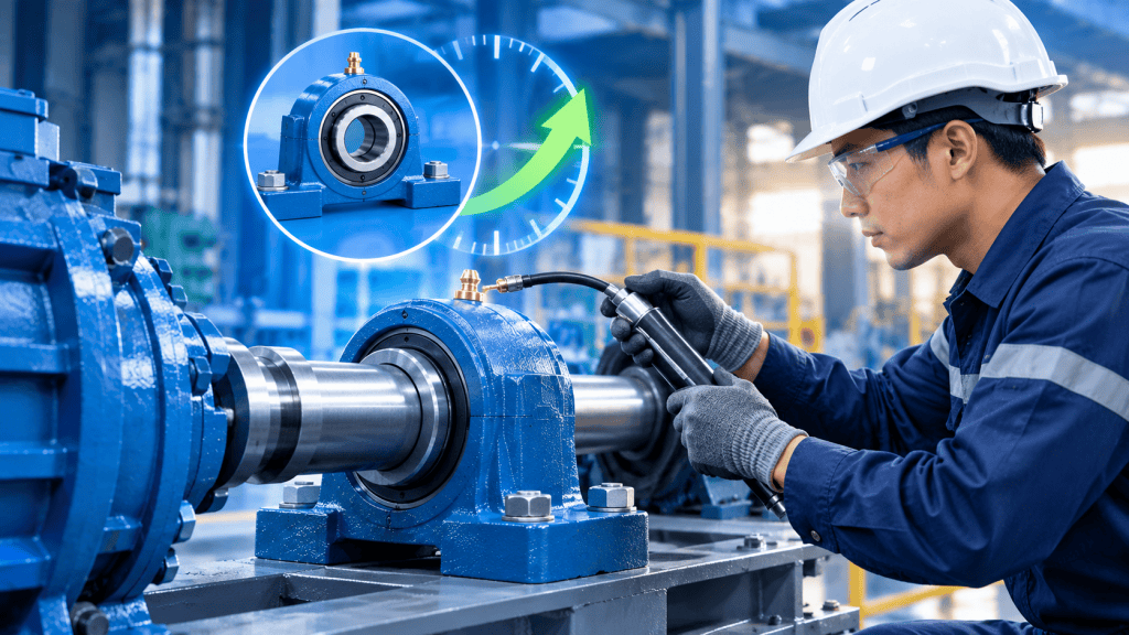 Teknisi pemeliharaan sedang melakukan pelumasan grease pada plummer block bearing untuk meningkatkan efisiensi maintenance mesin pabrik.