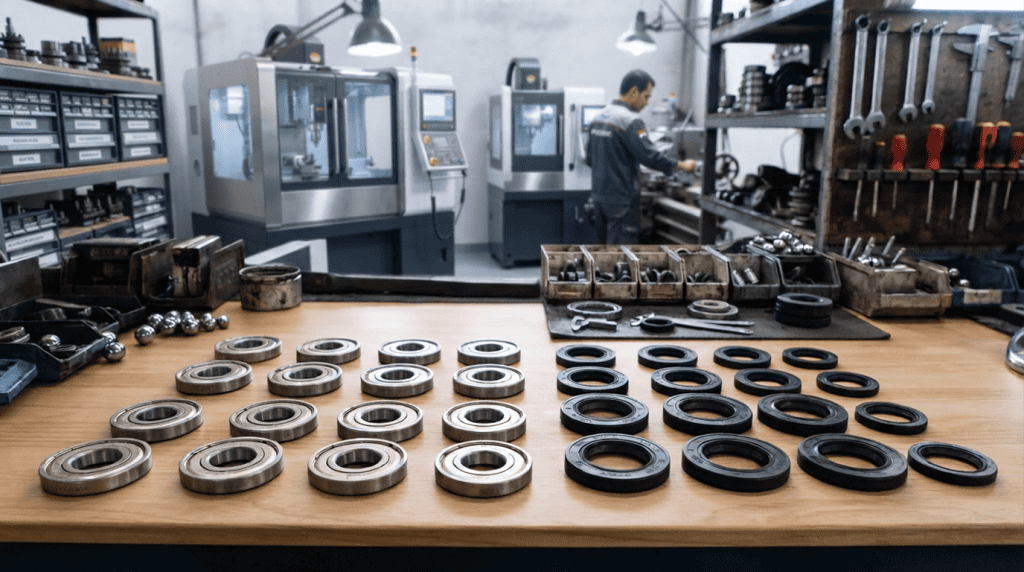 Berbagai jenis bearing dengan pelindung seal karet dan shield logam yang tertata rapi di atas meja kerja bengkel industri