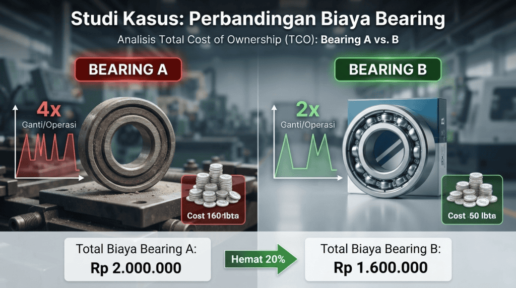 Grafik studi kasus perbandingan Total Cost of Ownership TCO Bearing A vs Bearing B yang menghemat biaya hingga 20 persen