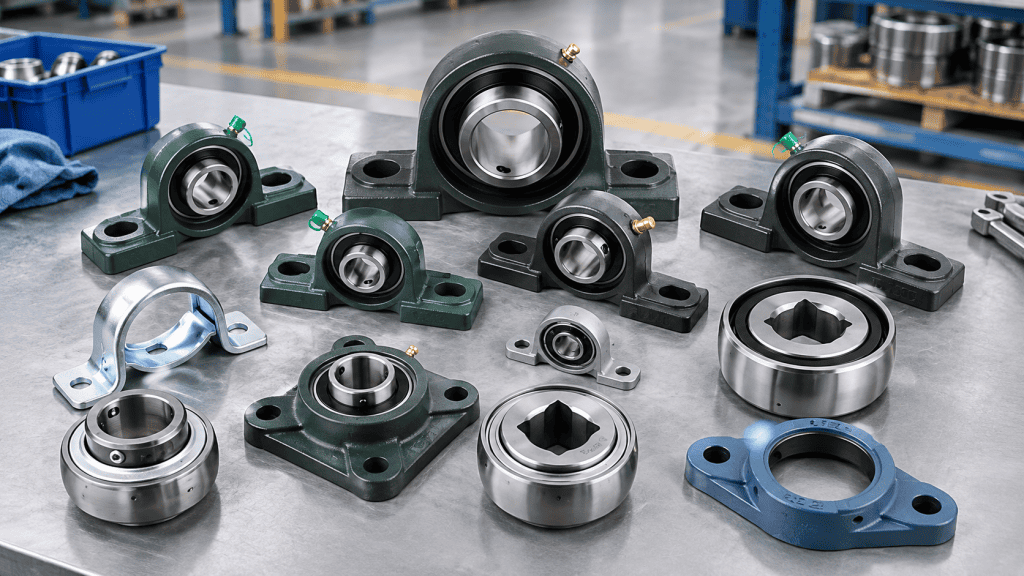 Berbagai jenis pillow block bearing dan housing bantalan industri yang tersusun rapi di atas meja kerja.