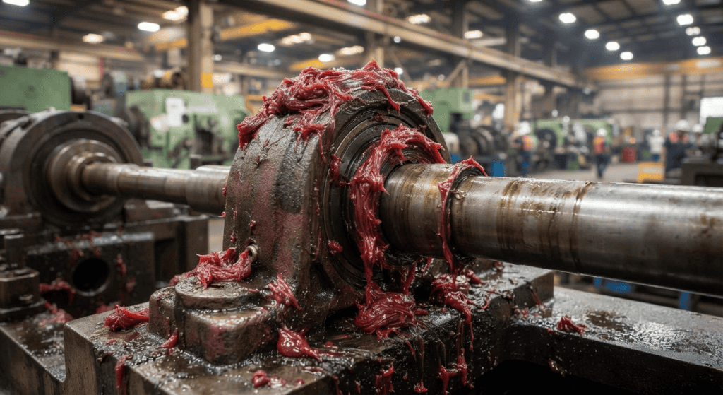 Komponen bearing mesin industri tertutup gemuk merah secara berlebihan, menggambarkan kesalahan memberikan pelumasan berlebih yang memicu panas berlebih.