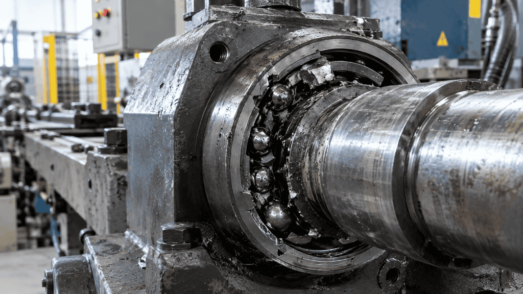 close-up bearing mesin industri yang mengalami kerusakan parah pada sistem produksi