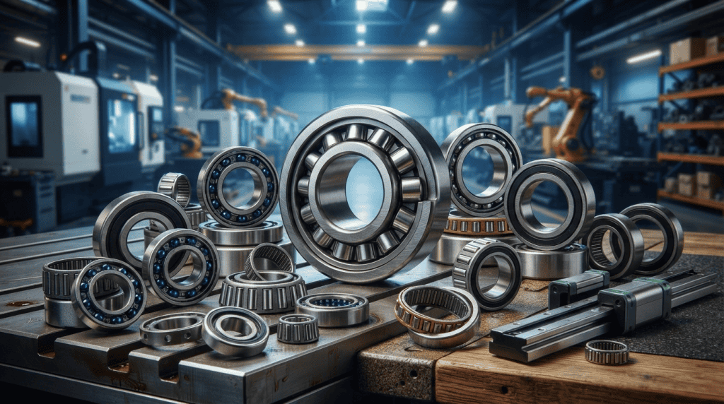 Berbagai jenis bearing industri presisi tinggi, mulai dari ball bearing hingga roller bearing, tersusun rapi di atas meja kerja dengan latar belakang pabrik modern yang sibuk.